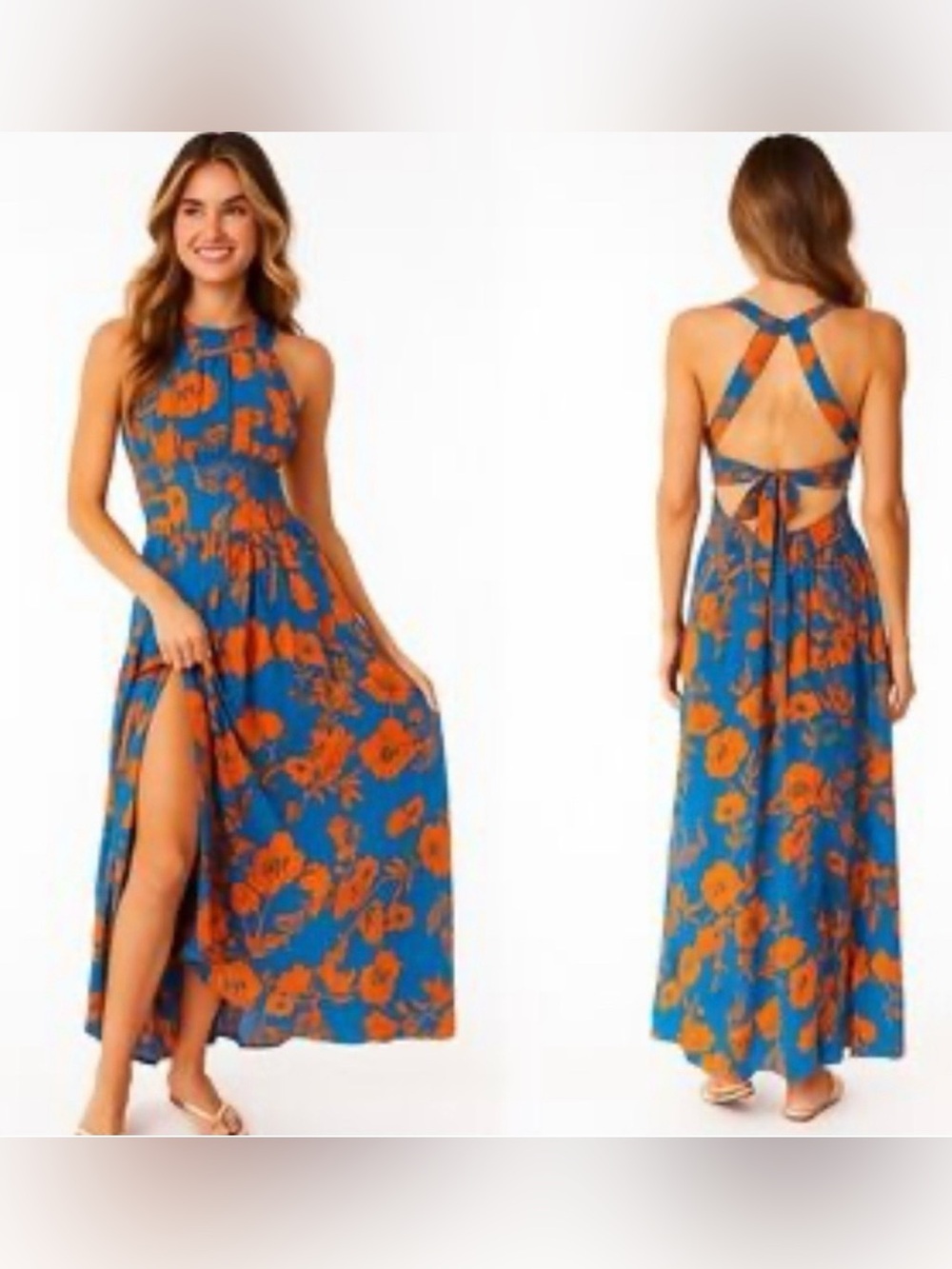Royal Blue & Orange Floral Maxi Dress with 21 inch Slit, SZ Small